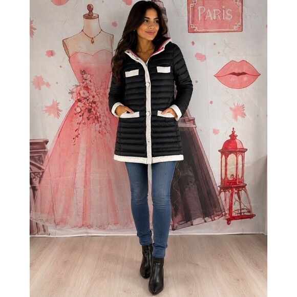kate spade Jackets & Blazers - Kate Spade New York Quilted Puffer Jacket Ivory Black Trim Pearl Buttons XSMALL